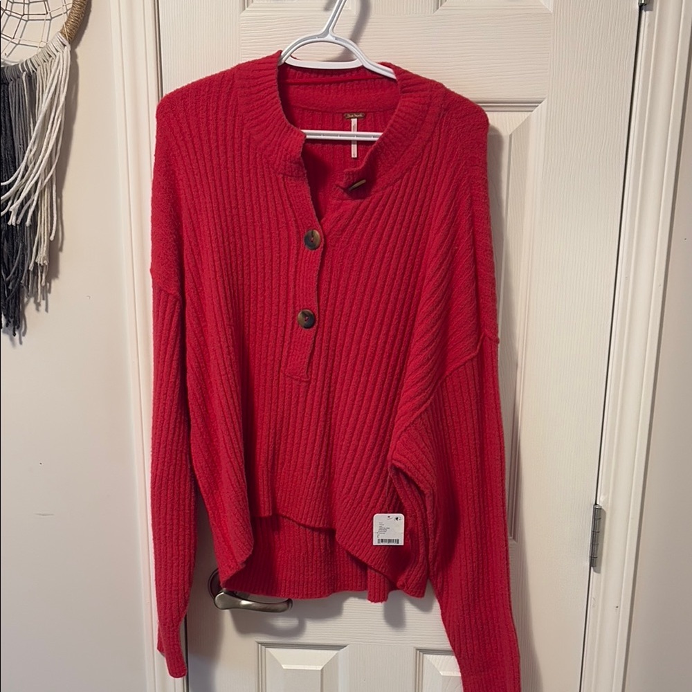 Red Ribbed Button-Up Sweater